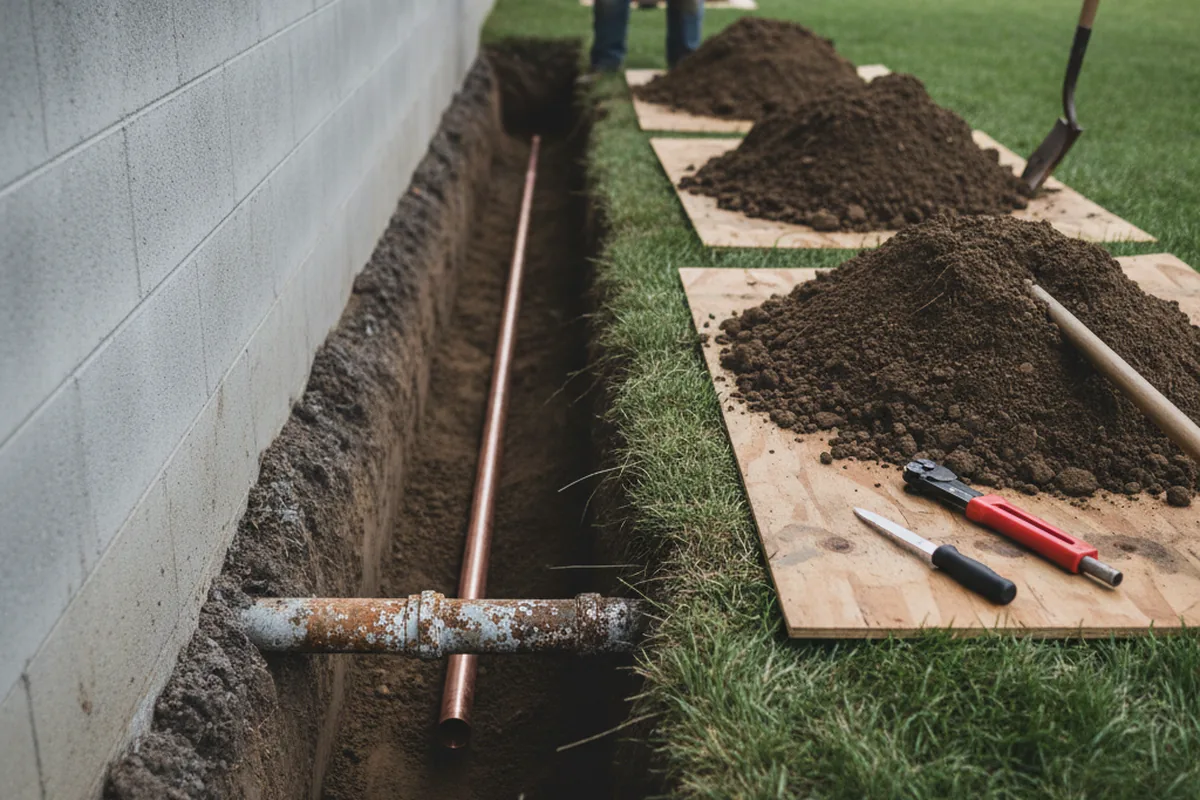 Excavated water line trench during Sewer Line Repair in Mowrystown